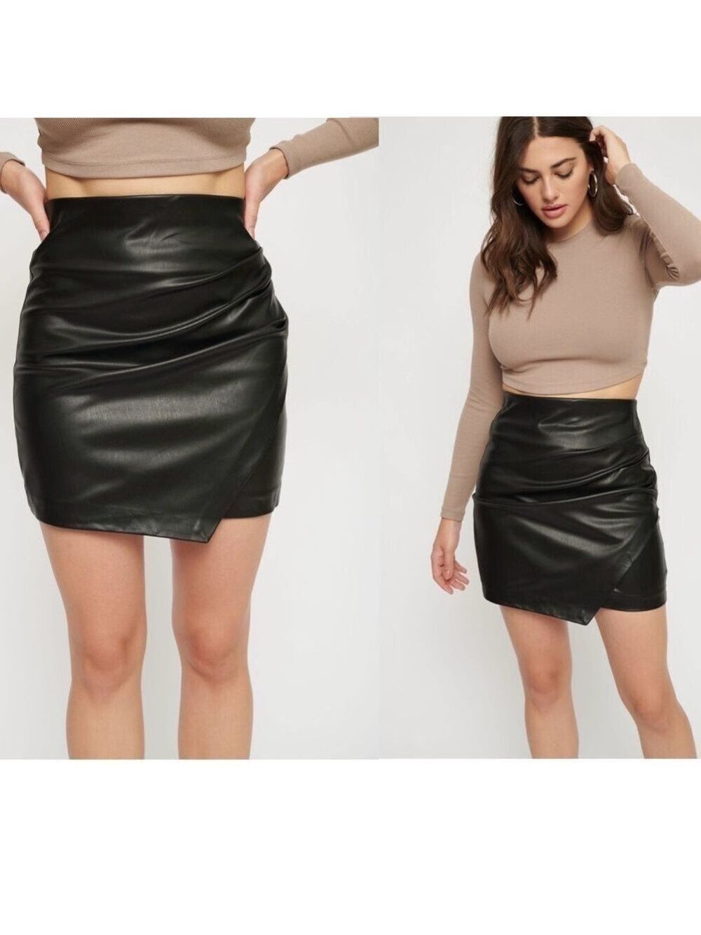Dynamite Calvin Black Faux Leather ruched mini Skirt Sz M NWT